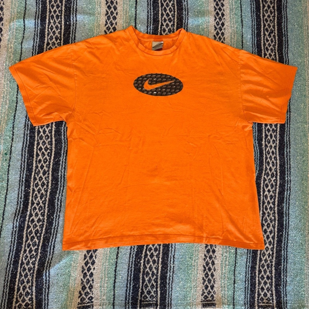 Vintage Nike Graphic T-Shirt Mens XXL Orange Oval Swoosh Logo Short Sleeve Tee